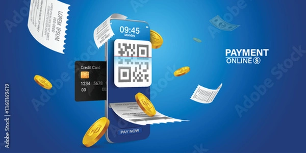 Obraz Bill of expenses is on mobile phone.Pay bills with mobile phone.Online shopping spending.Online shopping via smartphone.Bill payment flat isometric vector concept of mobile payment, shopping, banking.