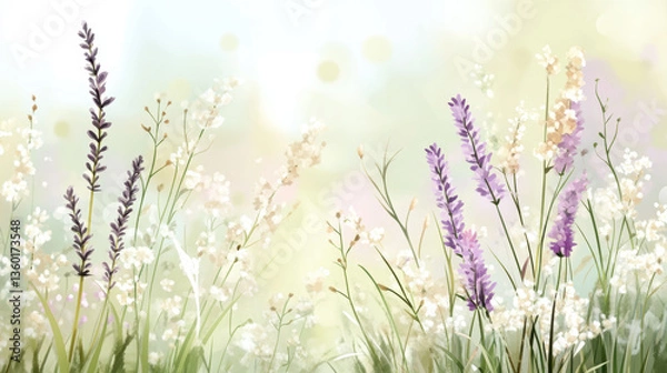 Fototapeta Delicate pastel lavender fields with muted purples, greens, and soft white flowers create serene and dreamy atmosphere, evoking sense of calm and natural beauty
