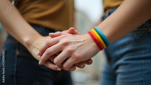 Fototapeta Close-Up of Lesbian Couple Holding Hands with Rainbow Wristbands: A Symbol of Love, Activism, and LGBT Community Freedom in Stock Photo with Empty Space