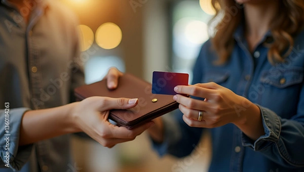 Fototapeta Modern Commerce: Accepting Credit Card Payments with a Brown Purse for Coffee Orders - Stock Photo Concept