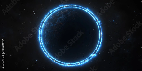Fototapeta a flat blue planet with a black background, glowing at the edges of its surface. the glow is faint and distant, giving it an otherworldly appearance.