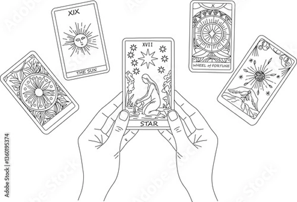 Obraz タロットカードのシンプルな線画イラスト,手に持つ星のカードと占い