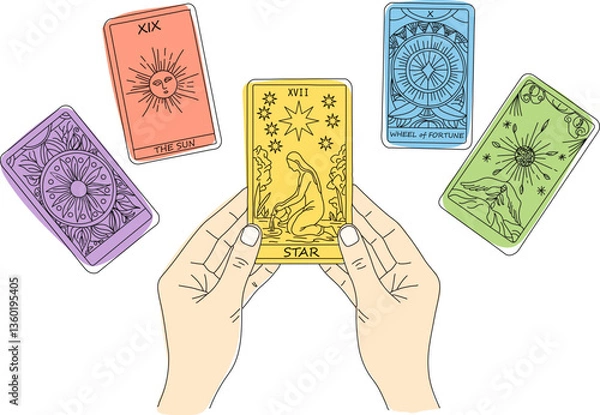Obraz タロットカード占いのシンプルなカラーイラスト,星のカードを手に持っている