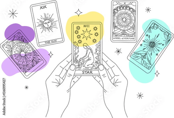 Obraz タロットカード占いのお洒落なイラスト,星のカードを手に持っている