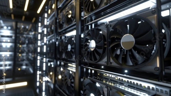 Fototapeta Technology CPU hardware rack fans cooler data center fans and crypto mining. AI generated image