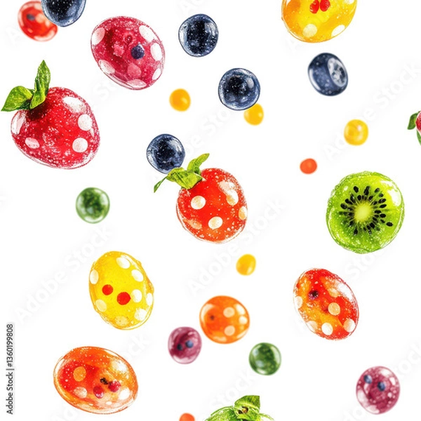 Fototapeta Colorful assortment of fruits and berries falling against a black background