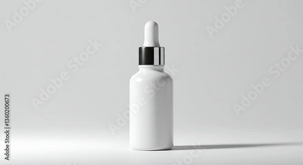 Fototapeta Close-Up Skincare Dropper Mockup.	A detailed close-up mockup showcasing a dropper bottle for luxurious skincare cream, emphasizing texture, shadow, and pristine presentation on a white background