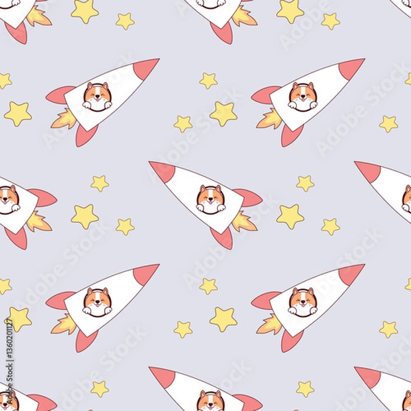 Obraz Seamless pattern with corgi dog in zero gravity. dog astronaut or cosmonaut. Animal instinct in kawaii style on gray background