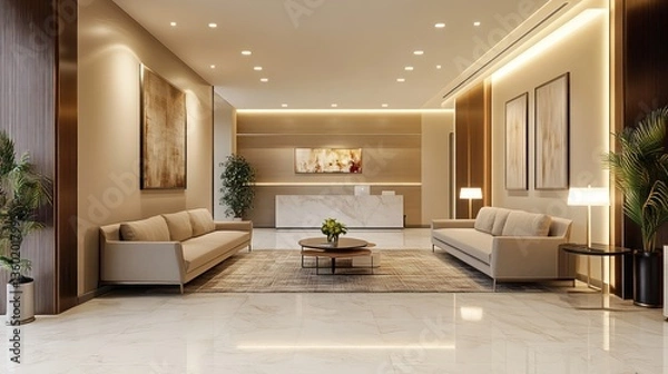 Fototapeta A modern waiting area with a stylish sofa, armchair, and coffee tables in an elegant office interior. Warm lighting and decor complete the look.