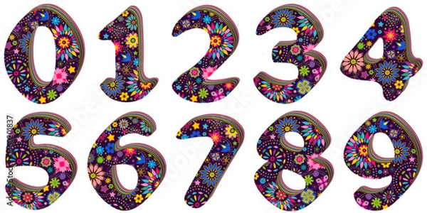 Fototapeta Vector images of Arabic numerals with a vintage colorful floral pattern isolated on a transparent background