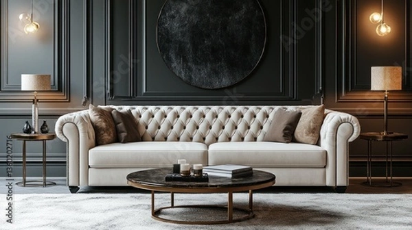 Fototapeta A modern waiting area with a stylish sofa, armchair, and coffee tables in an elegant office interior. Warm lighting and decor complete the look.