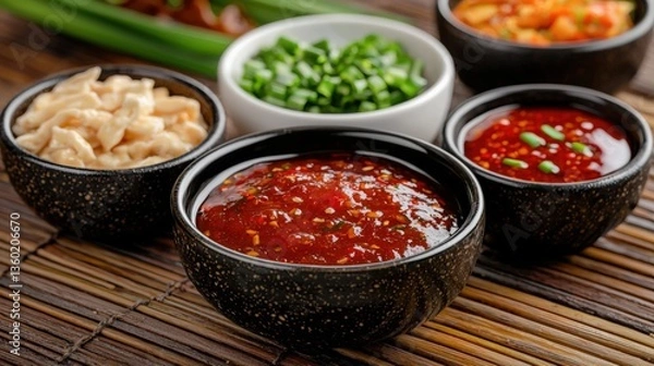 Fototapeta Close-up of a variety of colorful thai dipping sauces served in bowls with rich colors and textures for culinary delight