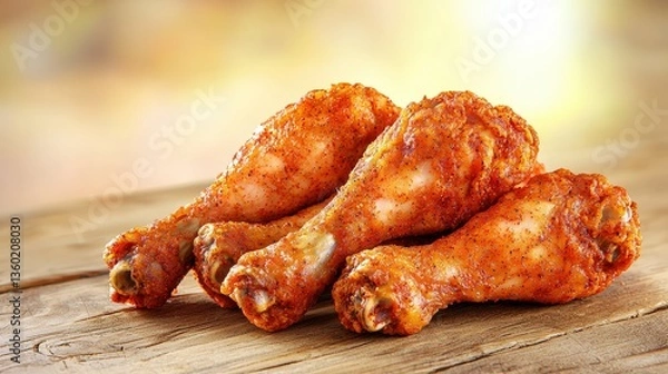Fototapeta Four delicious roasted chicken drumsticks seasoned with paprika sit on a rustic wooden table against a blurred warm background perfect for food blogs or restaurant menus.