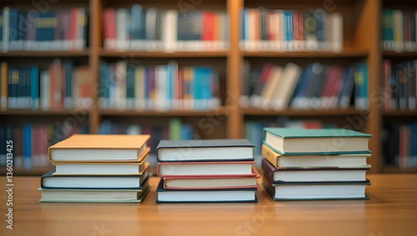 Obraz Organized Book Arrangement: Flat Piles on Table in Library Setting