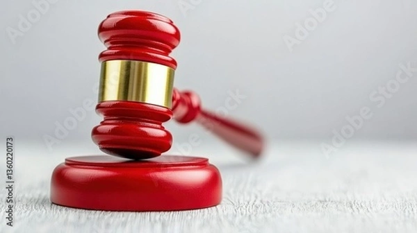 Fototapeta A close-up shot of a red wooden judges gavel resting on a sound block against a neutral background ready for an important court decision.