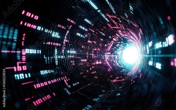 Fototapeta A digital tunnel of light and data streams, showcasing a blend of technology and vibrant colors, leading toward a bright focal point at the end.