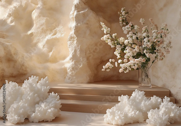 Obraz a minimalist product photography setup featuring an empty, rectangular brown wooden podium and a clear glass vase with flowers on the right side of it.