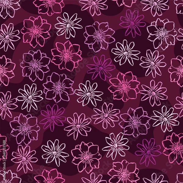 Fototapeta Small Line Flowers Vector Seamless Pattern