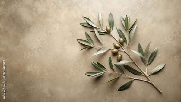 Obraz Olive Branch with Ripe Olives on Neutral Background