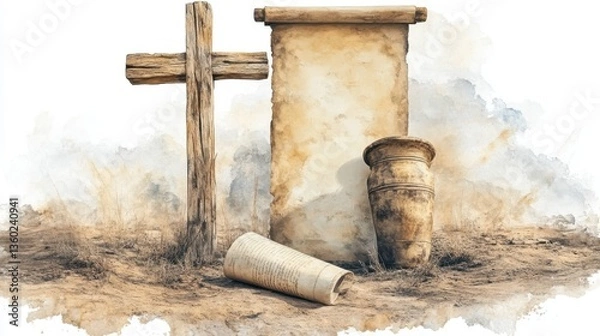 Fototapeta Christian symbols with wooden cross, ancient scroll and ceramic jar on desert ground. Digital watercolor painting illustration