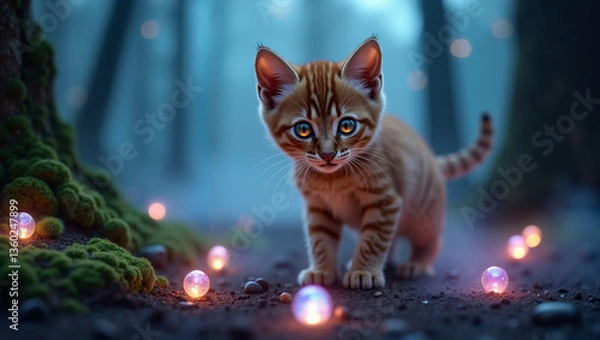 Fototapeta Enchanted kitten exploring a mystical forest with glowing orbs  