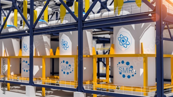 Fototapeta concept of a SMR small modular nuclear reactor power plant on a sunny day. SMR is a future energy concept. 3d rendering.