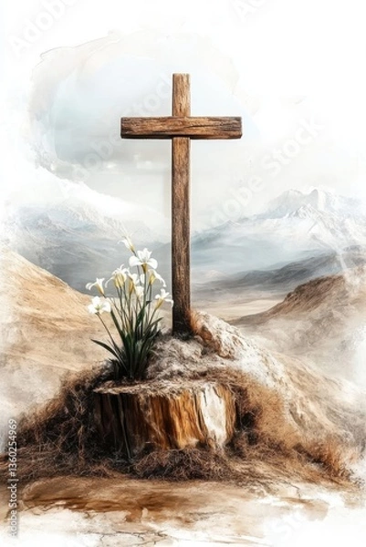 Fototapeta Wooden cross on a rocky hill with blooming white lilies in a desert landscape symbolizing resurrection hope and the promise of new life. Digital watercolor painting illustration