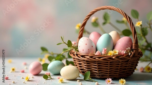 Fototapeta A wicker basket filled with pastel colored Easter eggs surrounded by flowers and greenery on a soft blurred background.