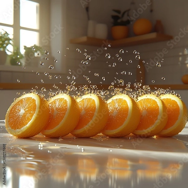 Obraz Juicy Orange Slices with Kitchen Splash.