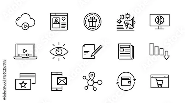 Fototapeta Sales and Marketing line icon set. SEO, promotion, sales dashboard, report, targeting, ad, sales funnel, and Sales strategy outline icon collection. UI thin outline icon pack