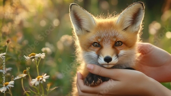 Fototapeta A small fox cub is being held by a person. Concept of warmth and tenderness, as the person gently holds the fox in their arms. The fox appears to be curious and playful