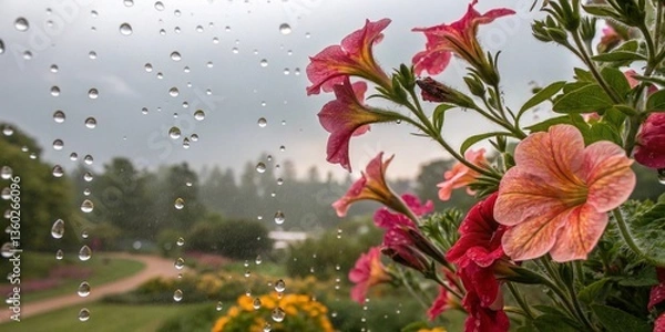 Fototapeta "Beautiful Flower Garden Under Rain | AI-Generated Image"