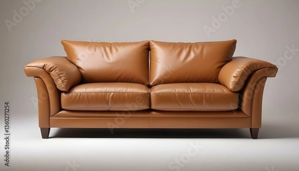 Obraz A studio shot of a two-seater caramel leather sofa with two cushions, set against a plain white background 