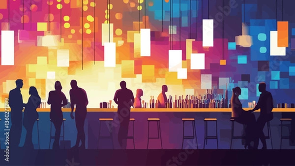 Fototapeta The image is a stylized illustration depicting a bar scene at night.  The illustration utilizes a predominantly dark background with bold, saturated colors used for the lighting and the bar itself.