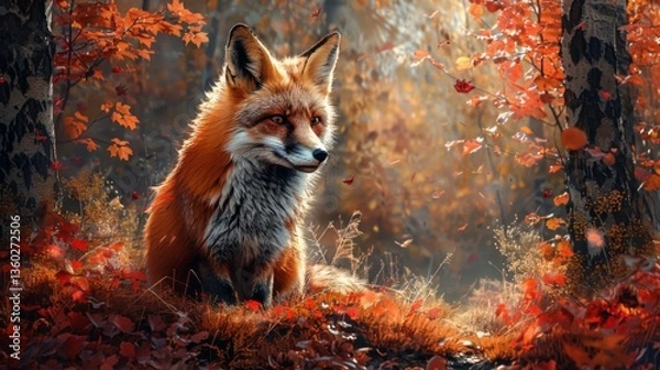 Fototapeta A quiet red fox lurking in a vibrant autumn forest