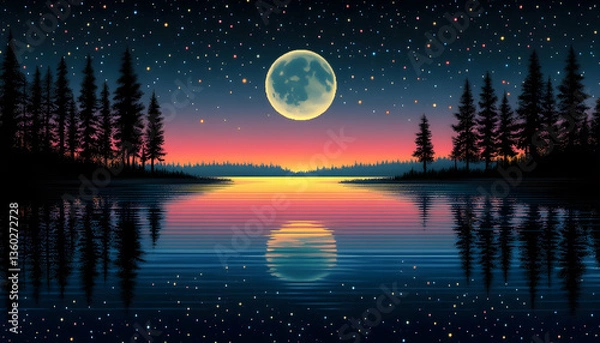 Obraz Pixelated Night Landscape With Moon And Reflections