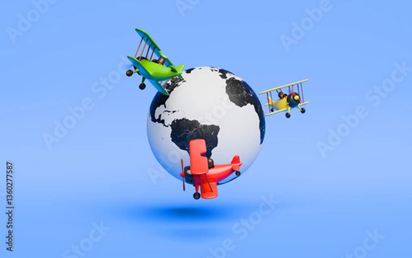 Fototapeta Three retro planes flying around Earth