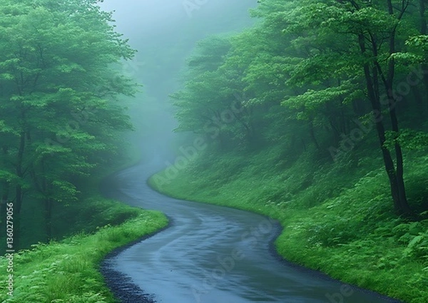 Obraz Misty Forest Road Winding Path.