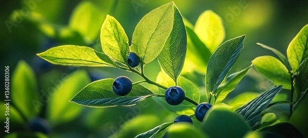 Fototapeta  The vibrant, green leaves of a blueberry bush glowing softly under the early morning light, with a few berries. 