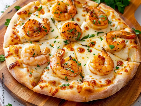 Fototapeta Top-Down View of an Exquisite Shrimp Alfredo Pizza Artfully Crafted on a Rustic Wooden Board Surrounded by Fresh Ingredients and an Inviting Atmosphere
