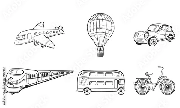Obraz Hand draw sketch Transportation Travel icons: plane, train, bus, car, balloon. Vector illustration