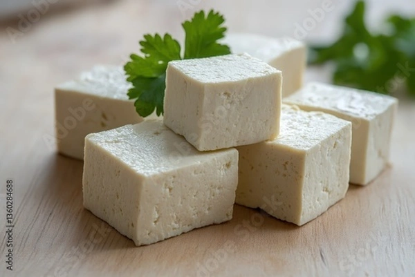Fototapeta Cubed tofu blocks arranged with fresh green leafy garnish