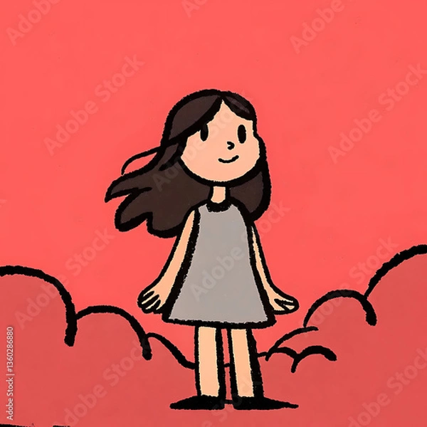 Fototapeta A girl with windswept hair stands serenely on rosy clouds, a whimsical daydream in bold, simple lines and a warm coral backdrop.