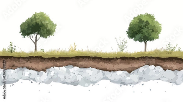 Fototapeta A watercolor illustration depicting a cross-section of a grassland. The image shows two small deciduous trees on a grassy area, with the soil and a layer of subsoil visibly exposed beneath. The