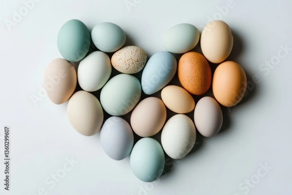 Obraz Pastel-colored Easter eggs arranged in a heart shape on a white background 