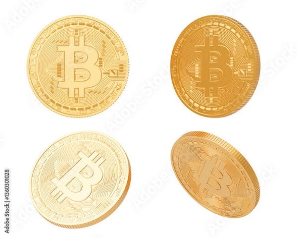 Fototapeta Golden bitcoin coin from different sides on a white background. Isolated. 3d rendering