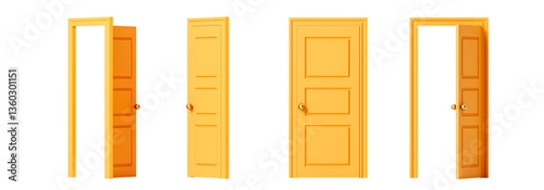 Fototapeta Closed, slightly open yellow door from different sides. Isolation. On a white background. 3d rendering.