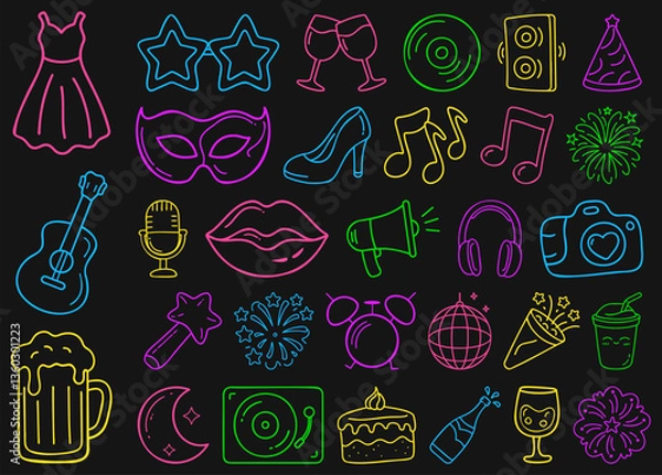 Obraz Colorful party including dresses, drinks, music notes, and more create festive atmosphere