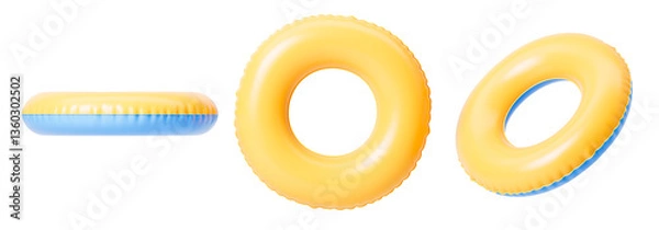 Fototapeta Yellow and blue inflatable swimming ring from different sides. Isolation. On a white background. 3d rendering.
