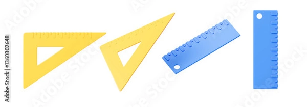 Obraz Multi-colored rulers of different shapes from different sides. Isolation. On a white background. 3d rendering.